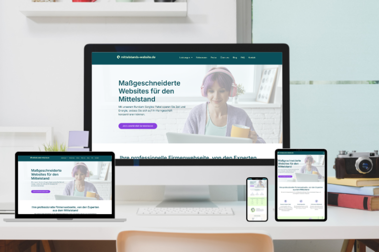 Auf drei unterschiedlichen mobilen Endgeräten wird die gleiche Website angezeigt. Die Geräte stehen auf einen Schreibtisch.